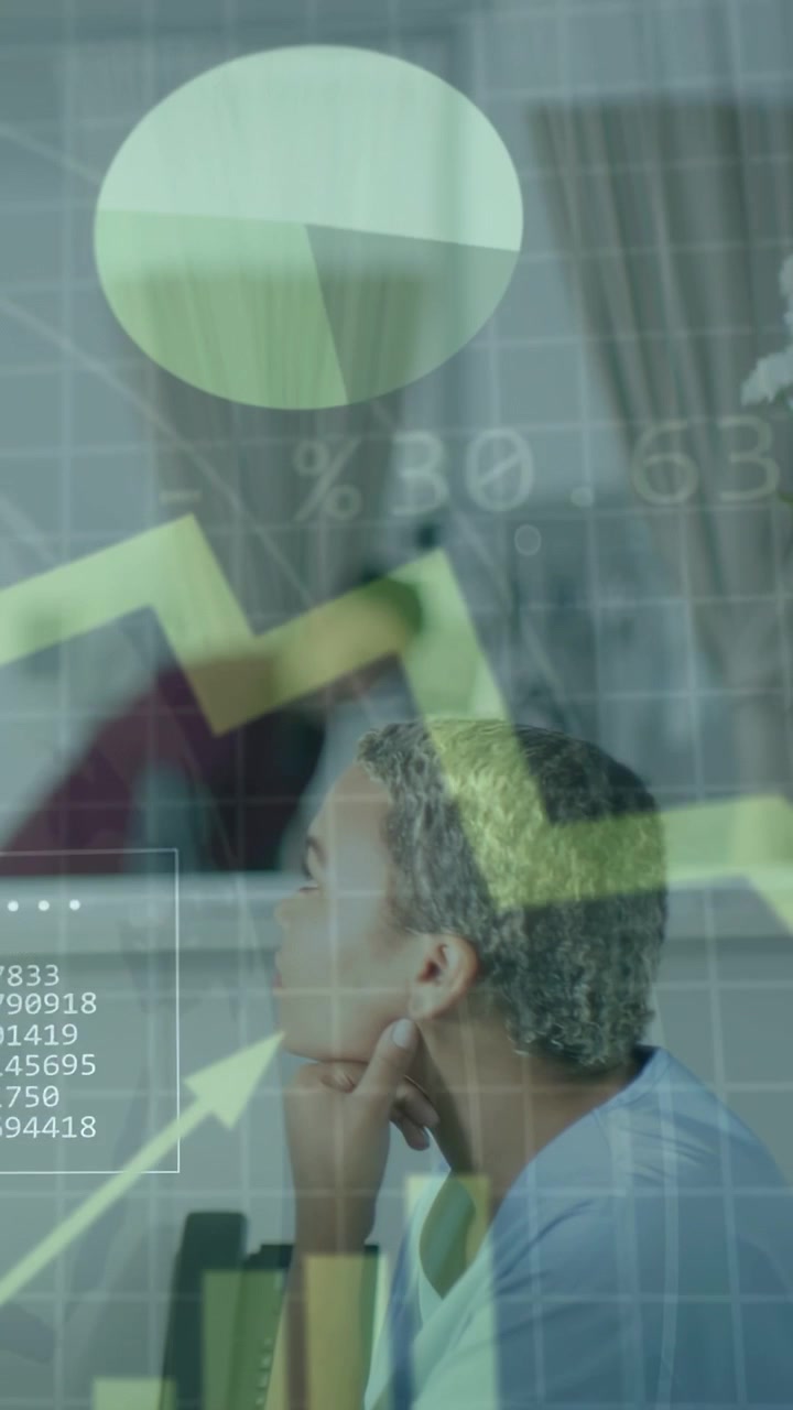 Vertical video: Woman sitting profile watching digits grid turning binary into tech charts for data
