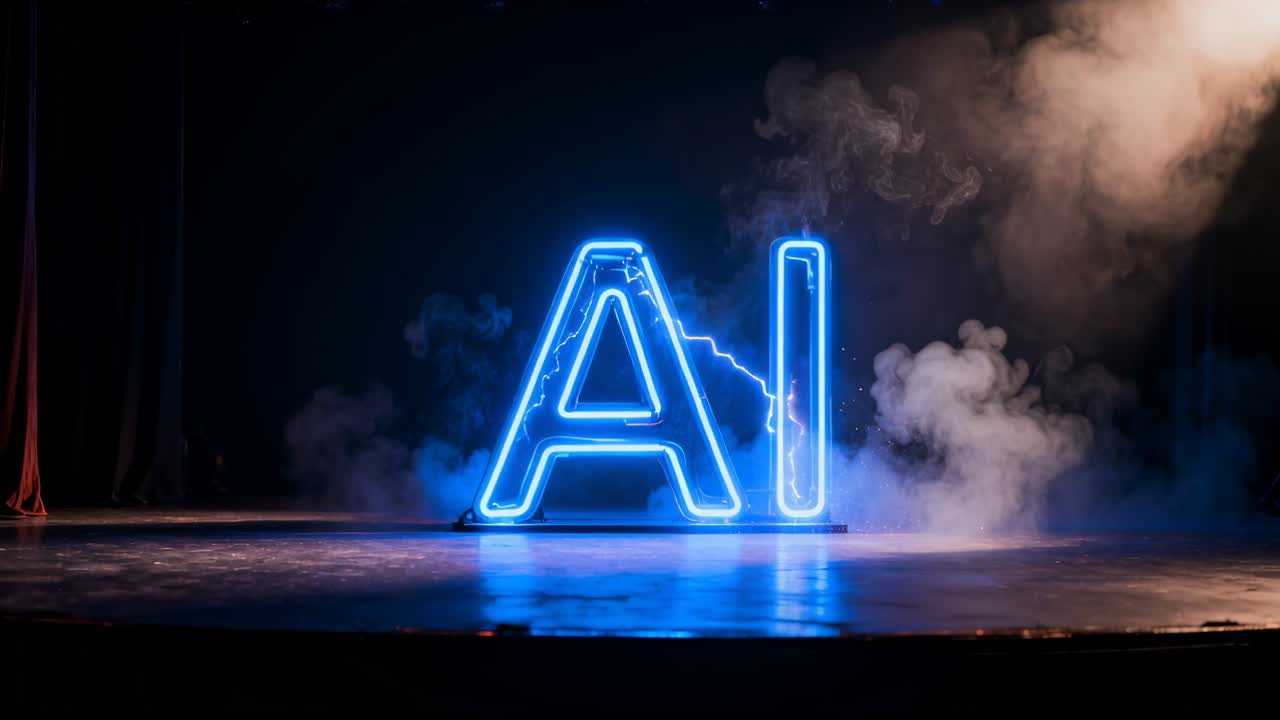 Un'insegna AI al neon blu scintillante che reagisce all'accensione pirotecnica su un palcoscenico teatrale, per un effetto drammatico.