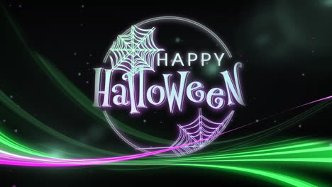 animation of happy halloween and spiders web over lights on black background