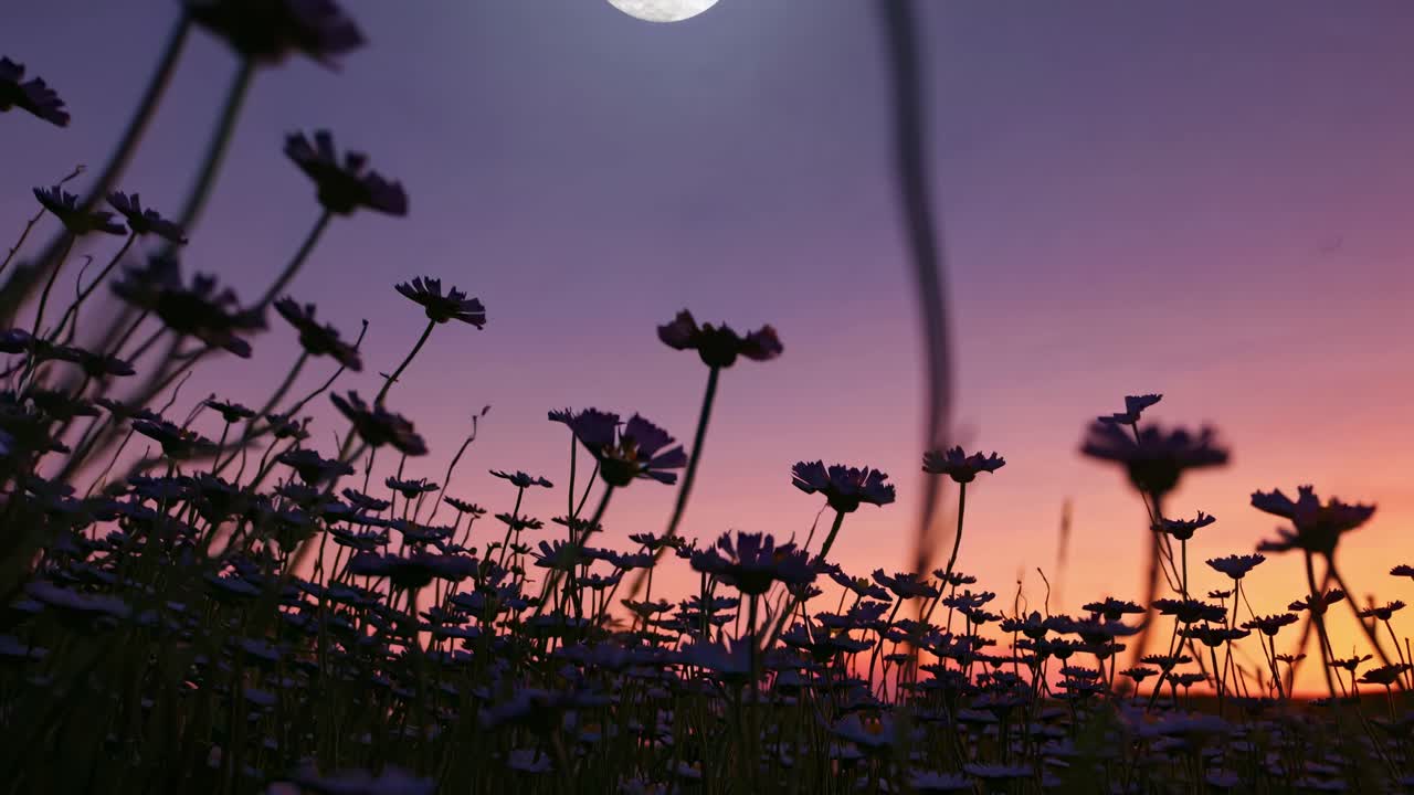 Low-angle video shot of wildflowers silhouetted against a vibrant sunset sky, capturing a serene