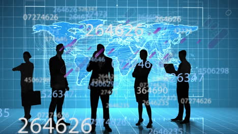 animación de números cambiando sobre el mapa del mundo y la gente de negocios