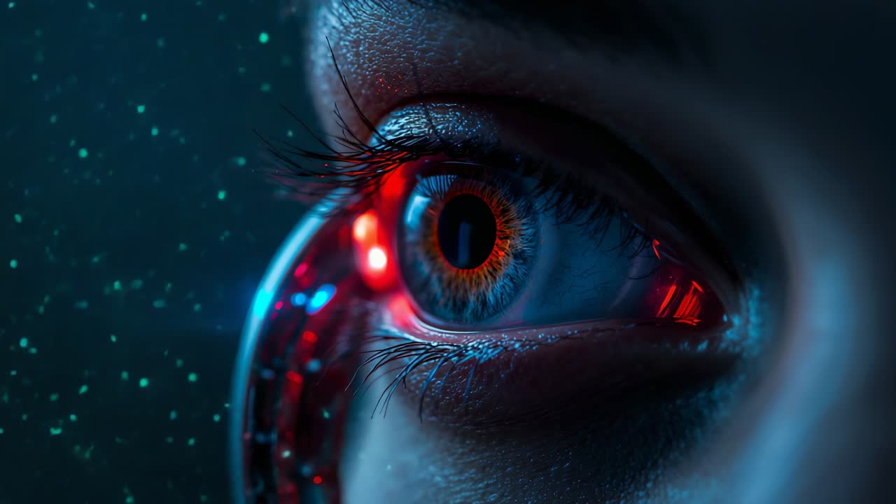 Activating ocular implant, close-up human eye undergoing scan at lab, orange iris with red LEDs