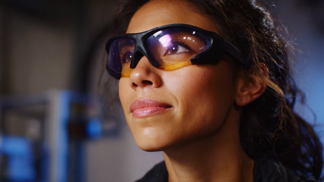 Giovane donna sicura di sé con occhiali protettivi che sorride in un laboratorio scarsamente illuminato, che mostra un innovativo equipaggiamento di sicurezza e ispira fiducia nella scienza moderna e nei progressi tecnologici
