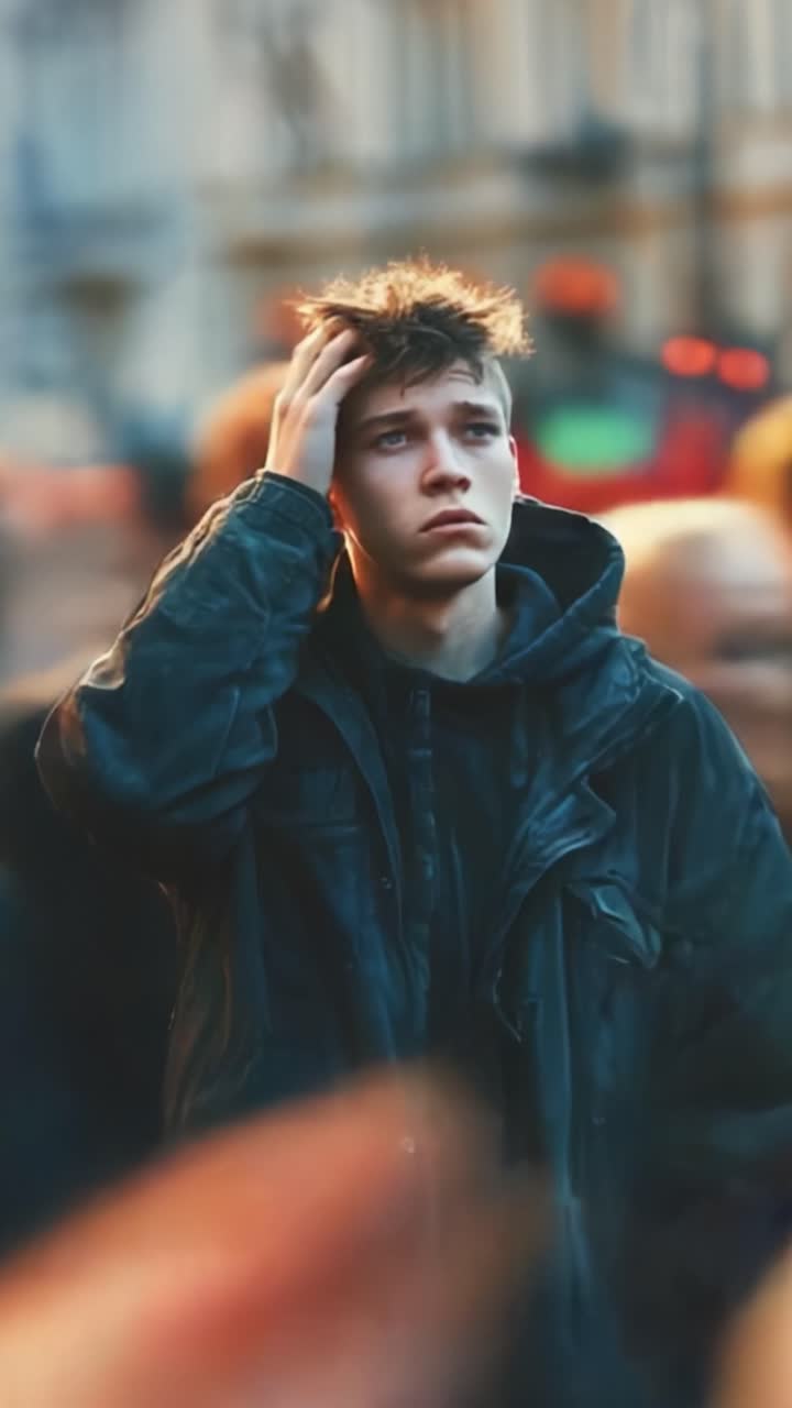 A Thoughtful Young Man Reflecting Amidst a Blurred Crowd, Capturing the Essence of Urban Life and Internal Conflict