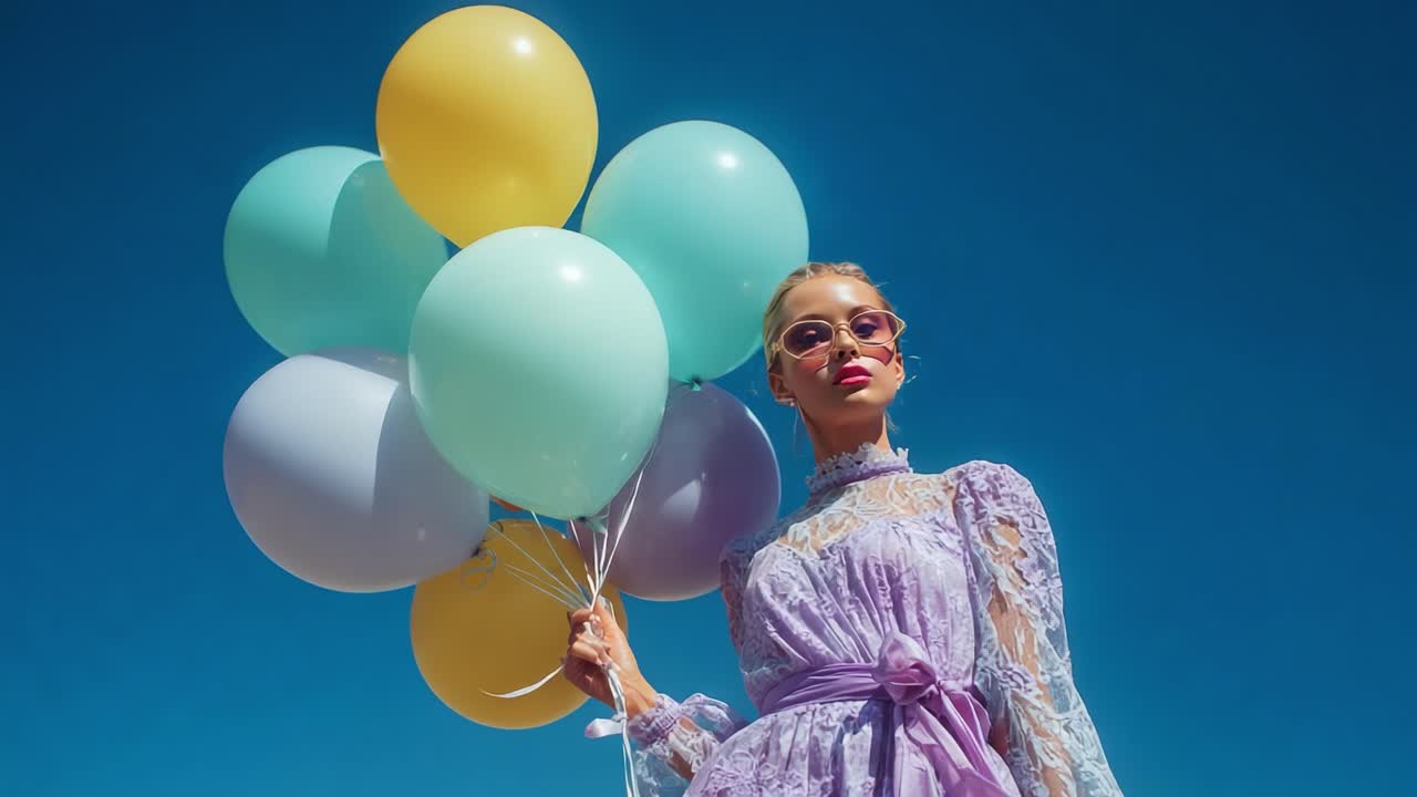 A radiant model stands against the clear blue sky, showcasing a vibrant collection of pastel balloons while wearing an elegant purple dress with intricate lace details and stylish sunglasses