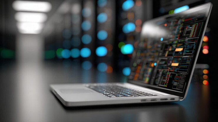 A High-Tech Laptop Displaying Data Analytics in a Server Room, Capturing the Essence of Modern Computing and Information Processing Technologies