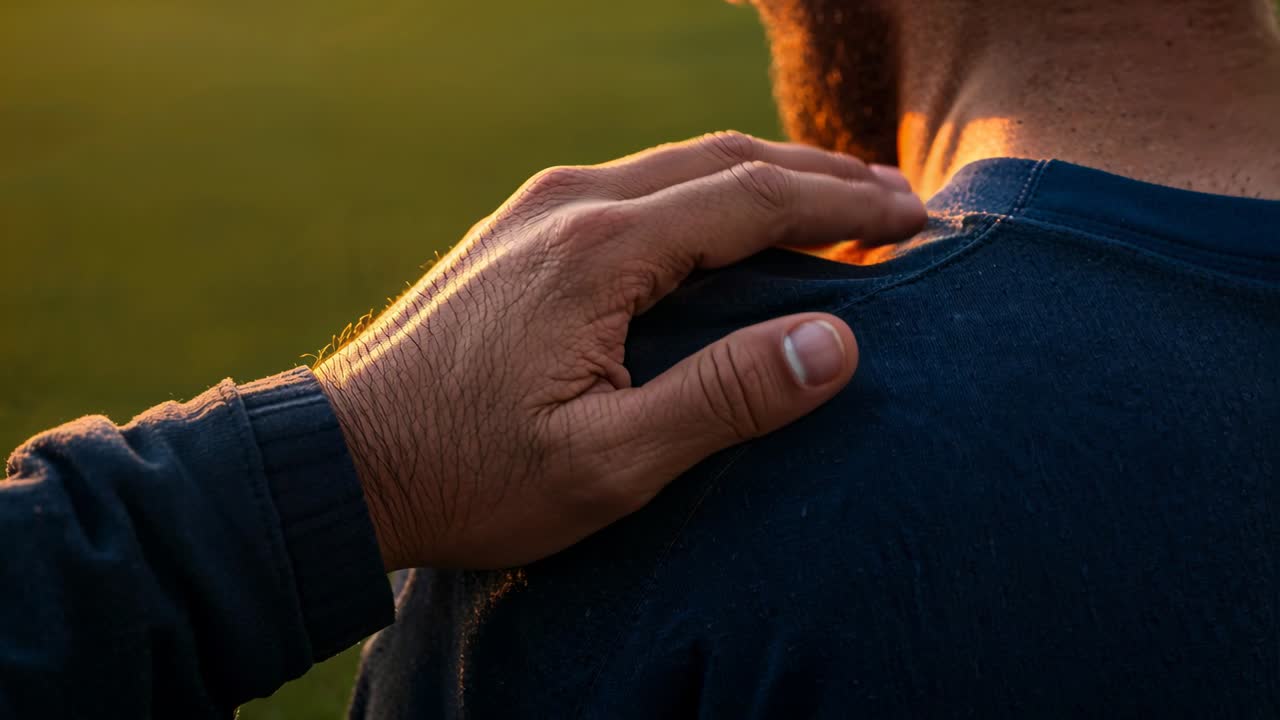 Placing friend's cuffed forearm calming near beard, fingers adjusting on blue shirt in grassy field