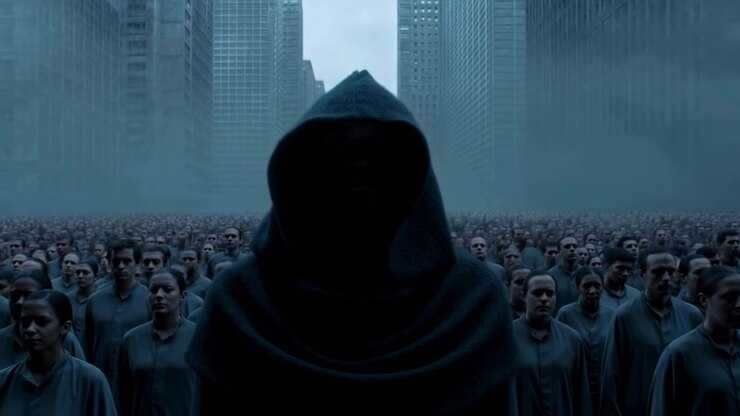 Dark hooded silhouette remains centered while crowd fills background in misty city setting, with cool tones, soft haze, and frontal viewpoint creating dramatic contrast and layered depth across scene.