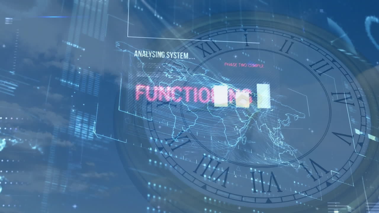 세계 지도 및 시계 인터페이스를 통해 시스템 텍스트 애니메이션을 분석합니다.