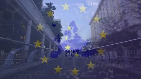 Animation-of-european-union-flag,-map,-equations-over-time-lapse-of-people-walking-on-bridge