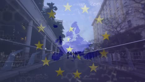 animation of european union flag, map, equations over time-lapse of people walking on bridge