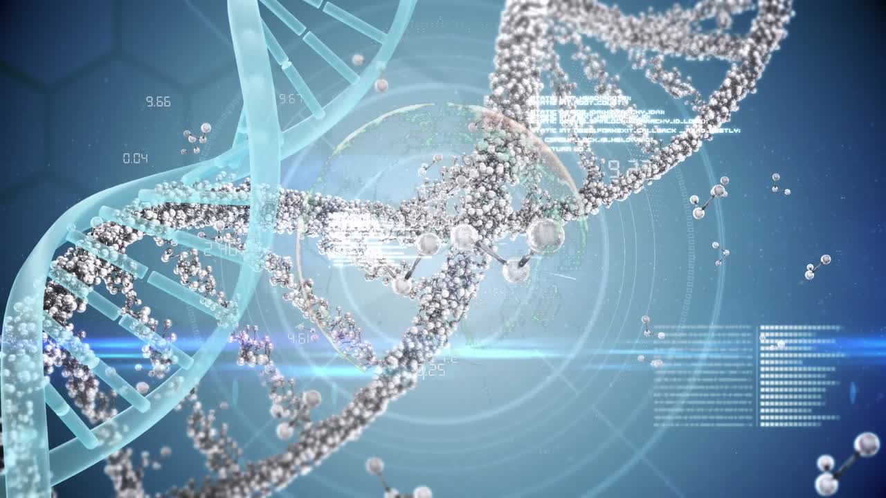 Animation of dna and data processing on blue background