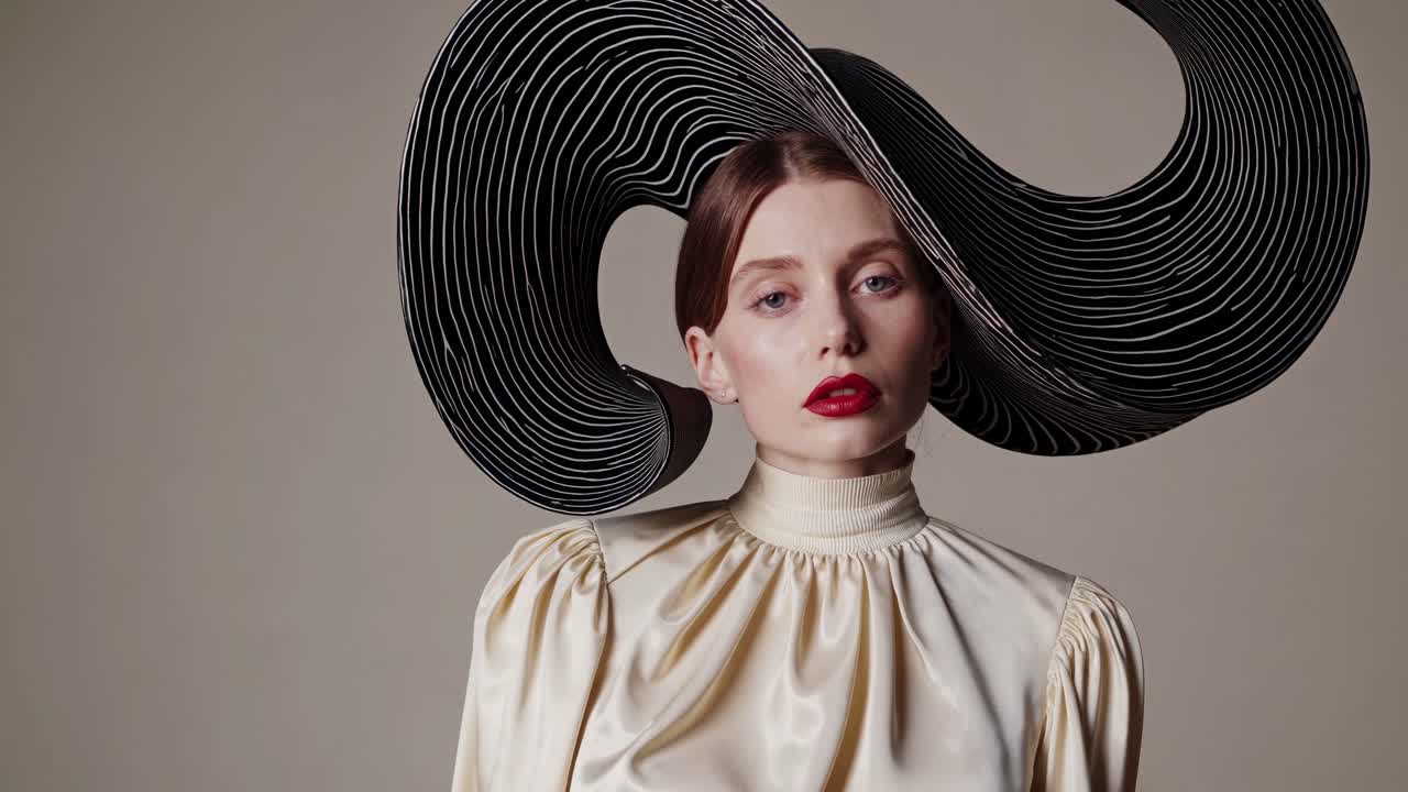 Studio portrait featuring a fashion model wearing a striking, oversized black hat paired with a flowing white silk blouse, exuding a unique and stylish aesthetic