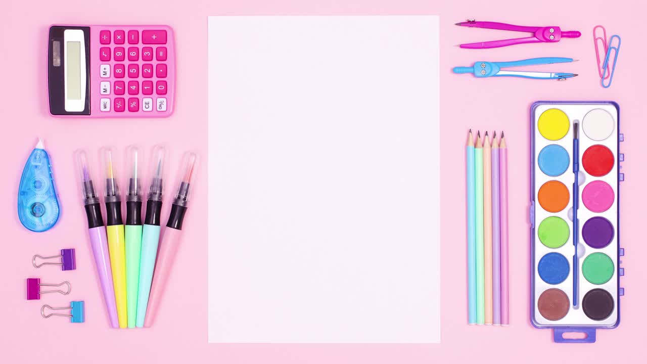 Blank paper for text appear in the middle of pastel back to school tools. Stop motion