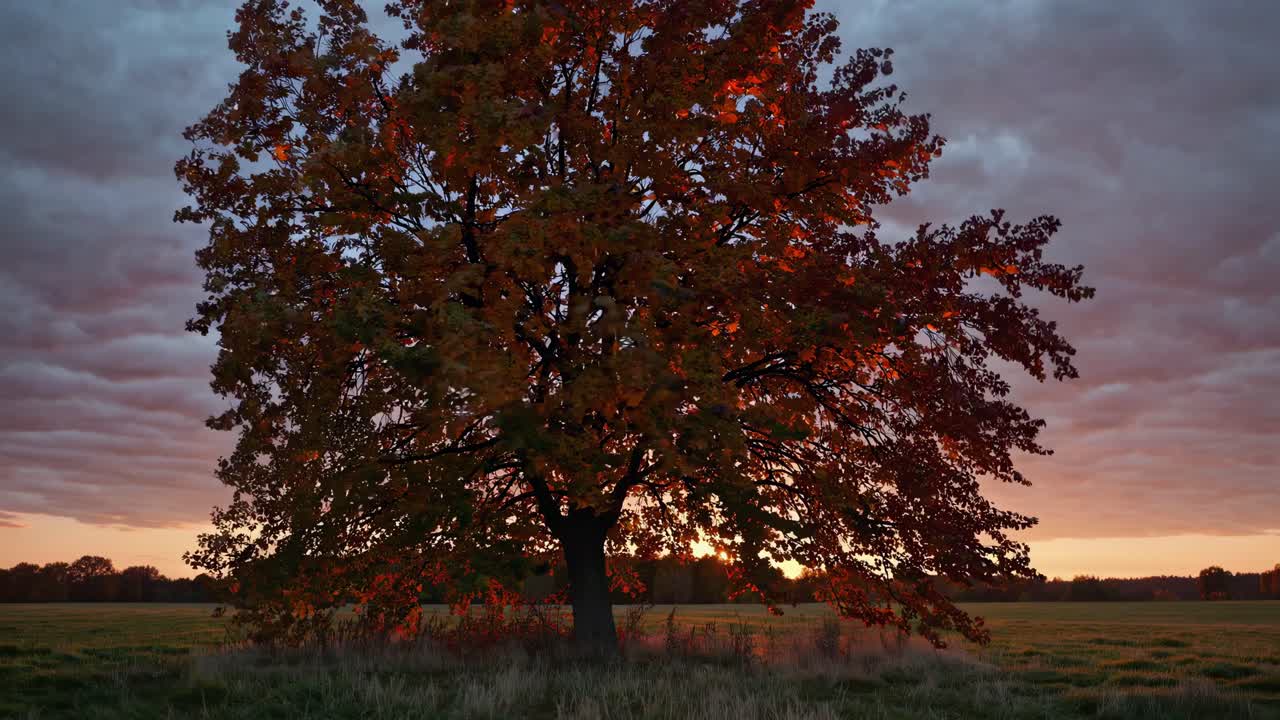 A serene video of a lone tree silhouetted against a sunset, captured from a low angle