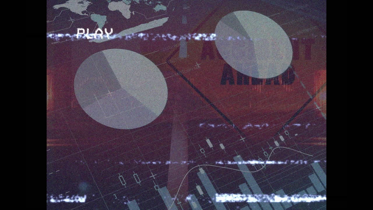 Animation of vintage video with glitch with diverse data and graphs