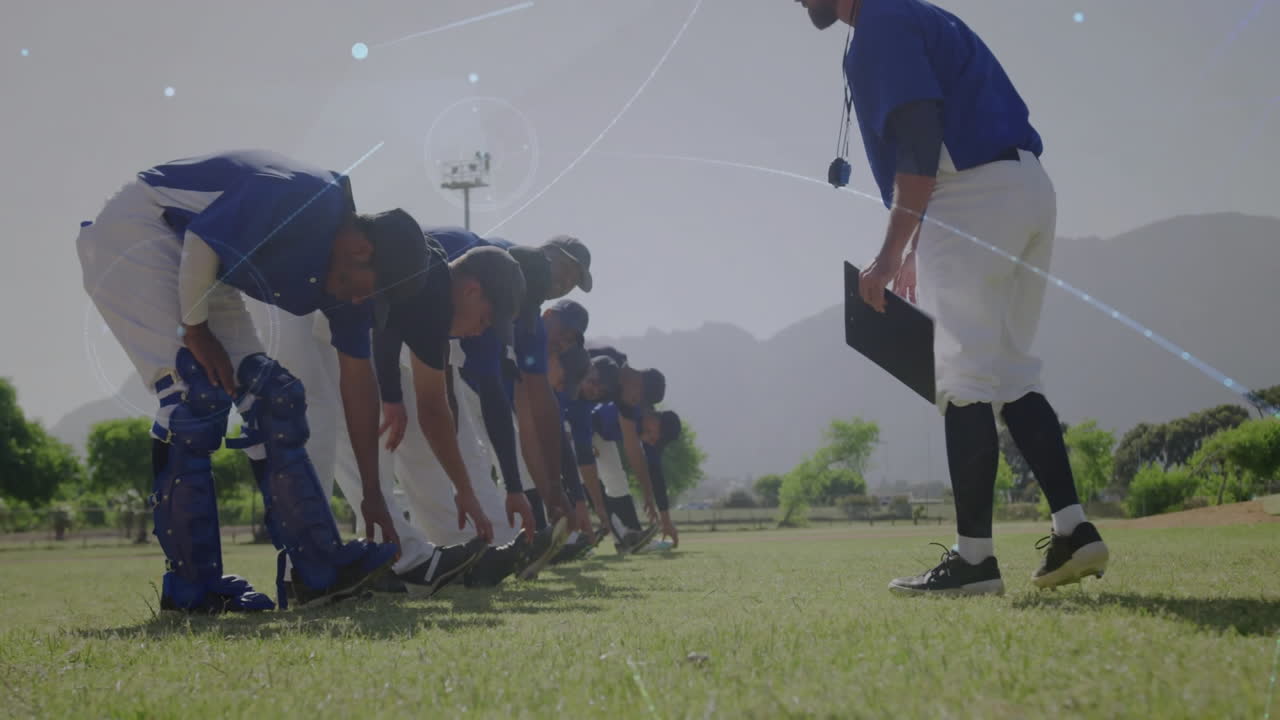 Baseball players stretching on field with data processing animation over scene