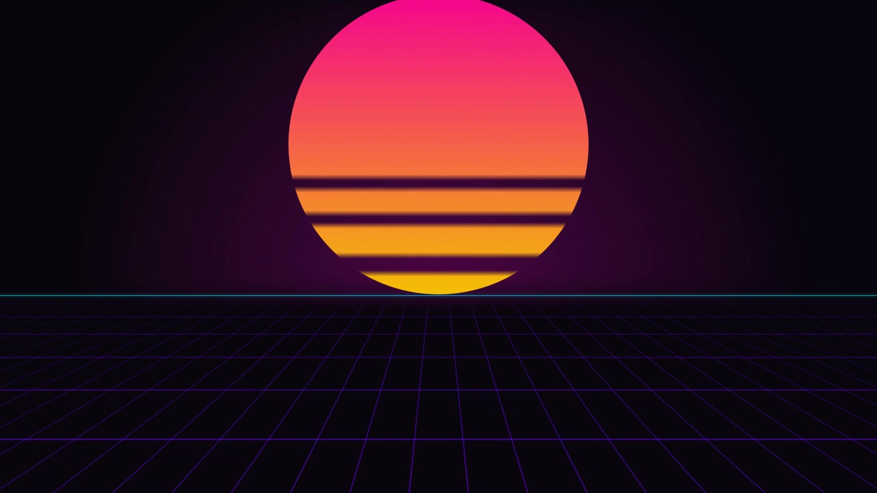 Retro Synthwave Style Sunset Over Digital Grid Landscape