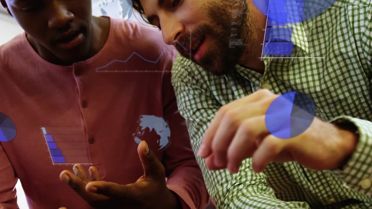 Two colleagues tapping smartphone and pointing, reviewing finance data, animated charts overlaying