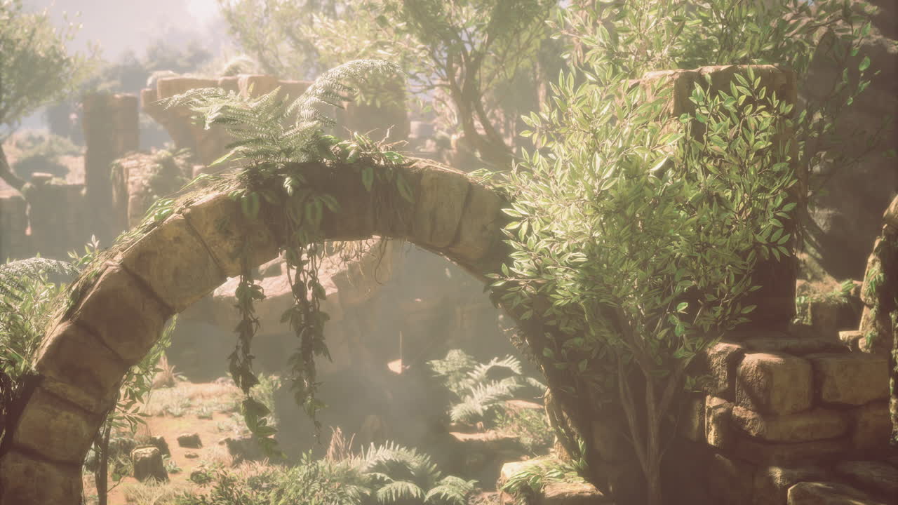 Hidden ruins embrace nature in a serene valley surrounded by lush greenery