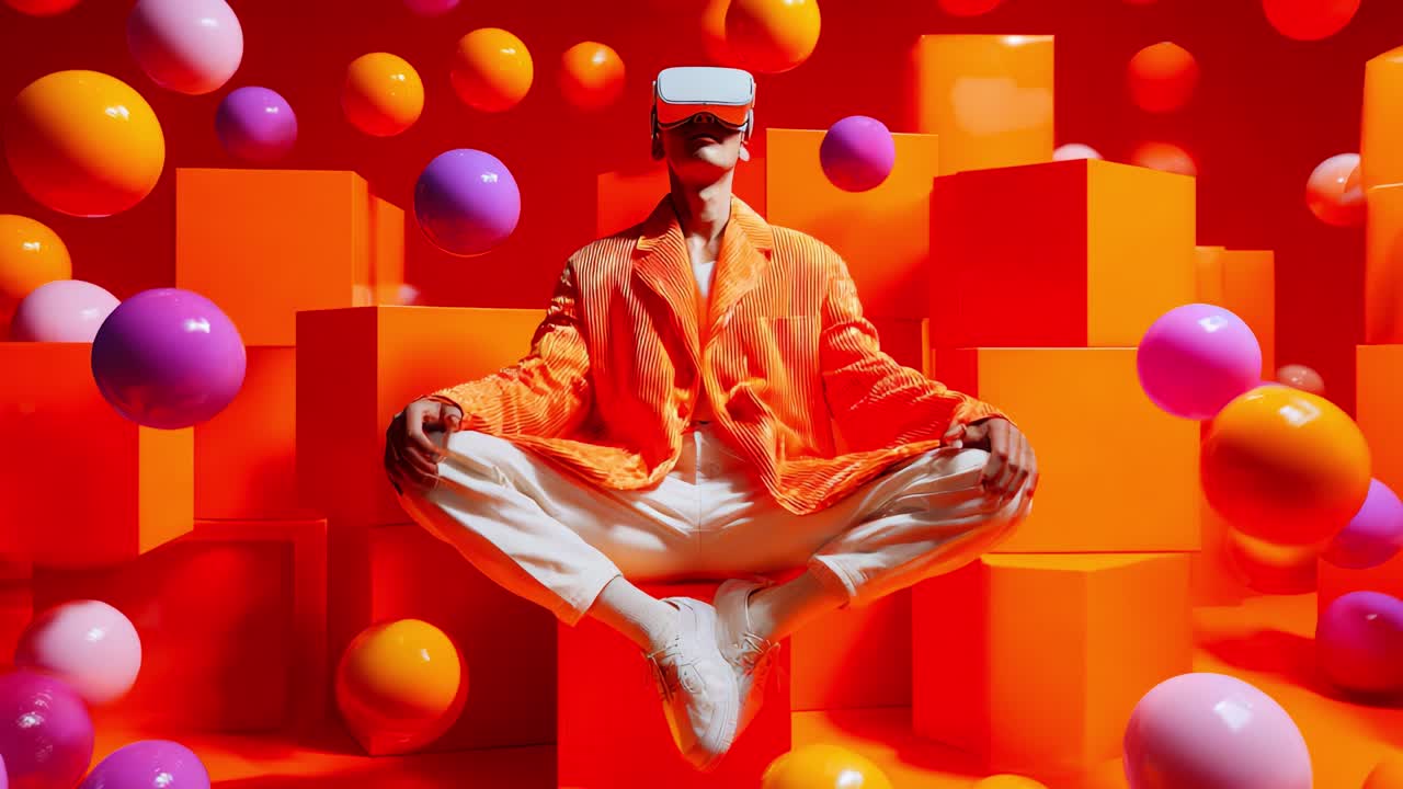 A Futuristic Visualization of Virtual Reality: A Man in a Colorful Orange Suit and VR Headset Meditating Amidst Vibrant Spheres and Geometric Shapes in a Bright, Abstract Environment