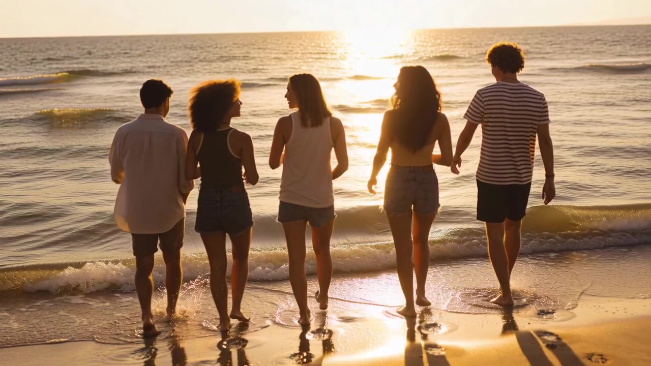 Gruppo di cinque adulti a piedi nudi che camminano verso la risacca bassa in spiaggia, con il sole che tramonta che li attira.