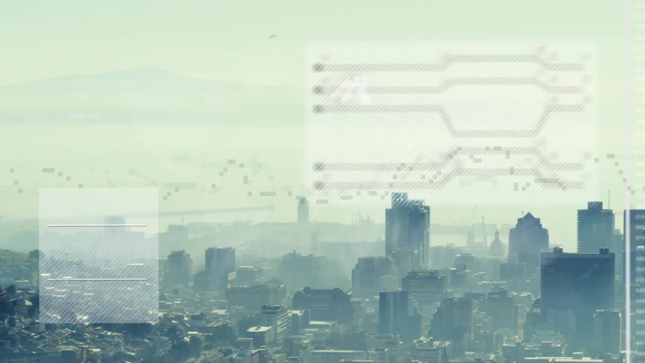 Camera holding, HUD activating, drawing dotted trace over skyline, sliding panel, showing city data