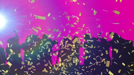 Animation-of-gold-confetti-falling-on-dancing-crowd-with-flashing-spotlight-and-pink-background