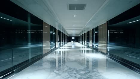 modern office hallway featuring glass and marble walls, showcasing a clean and contemporary design in an empty space