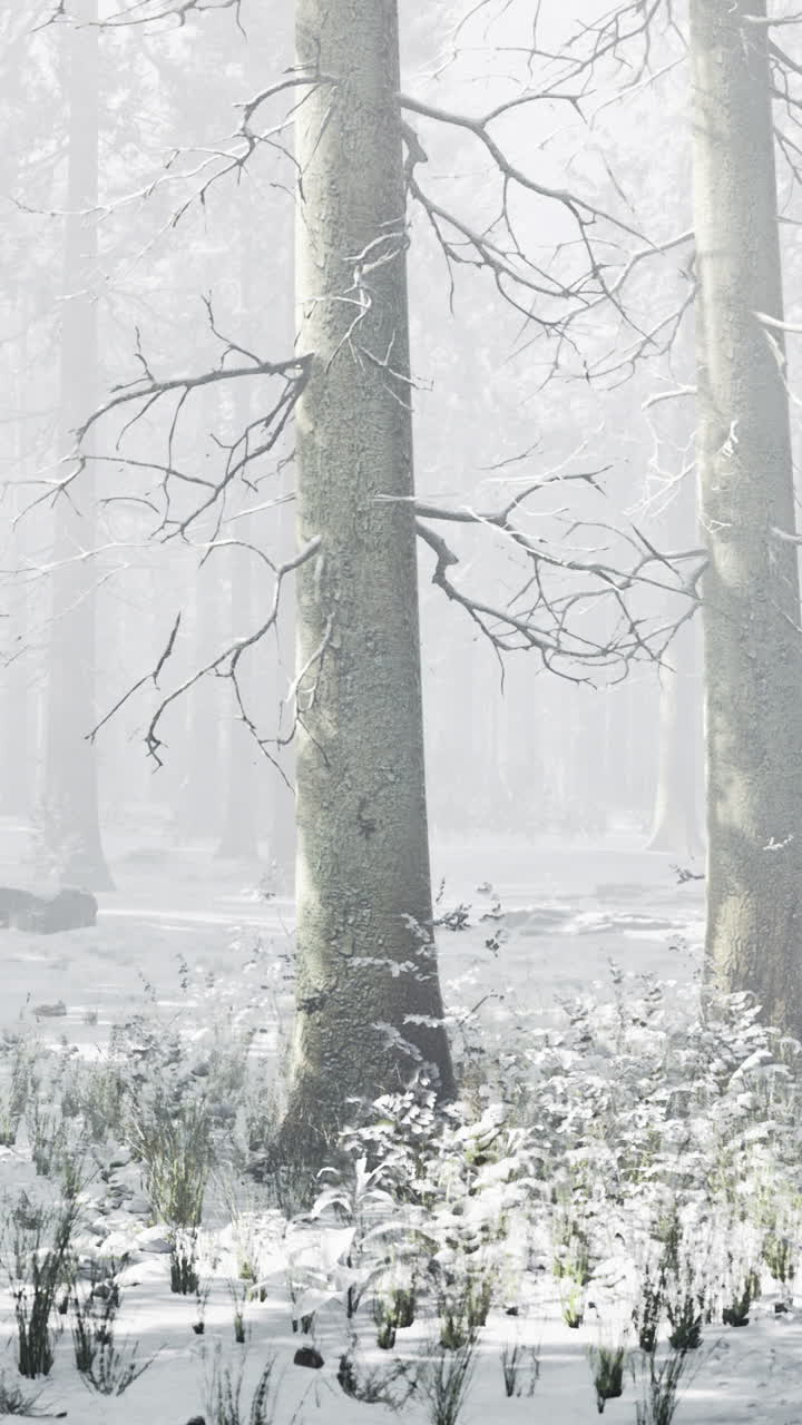 Tall trees rise majestically amidst a white layer of snow the air is crisp and still