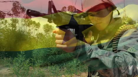 digital composition of waving german flag against soldier training with a gun at training camp