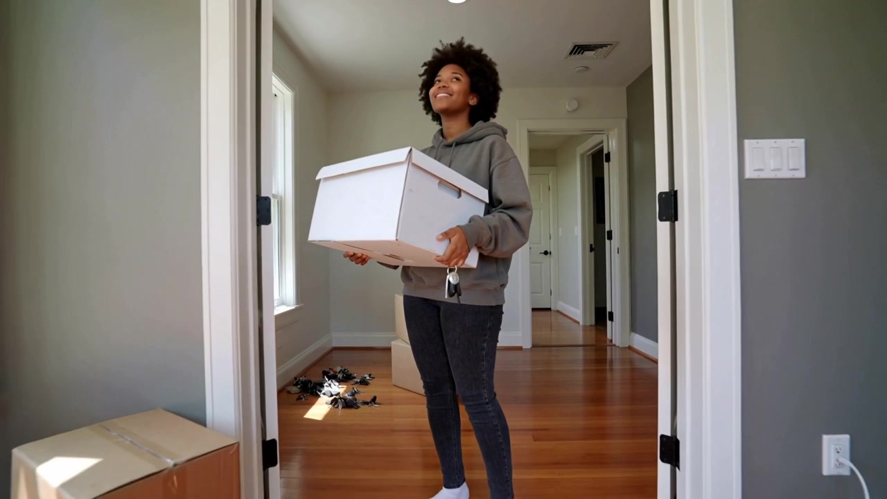 Entering teen in gray hoodie carrying white storage box and keys in home doorway, looking up