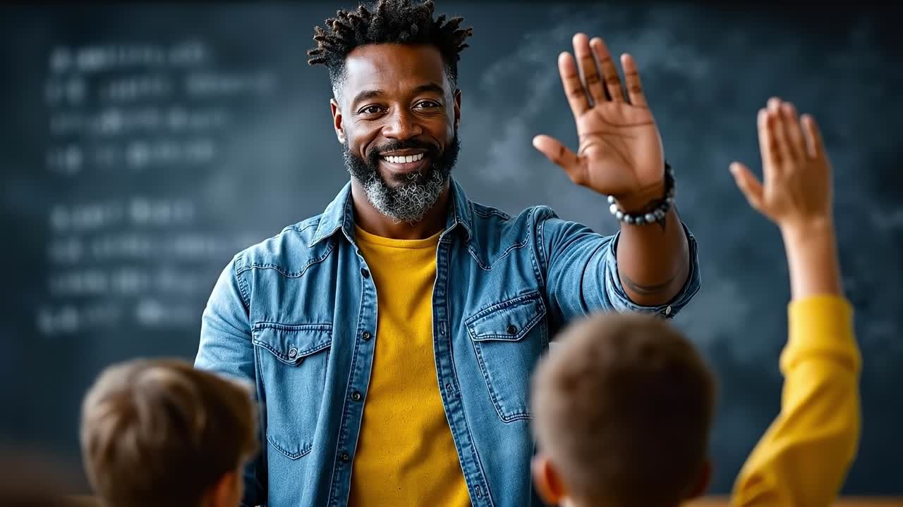 Un homme debout devant une classe remplie d’enfants levant les mains