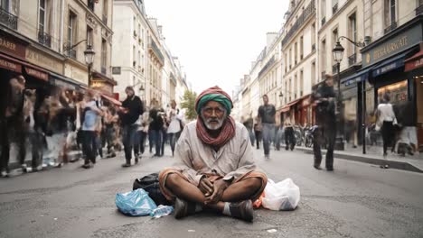 a man sits on the ground in a paris street, surrounded by shopping shops. people wander past, absorbed in their activities during a busy afternoon in the city.