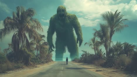 giant plant monster facing a figure on a tropical road