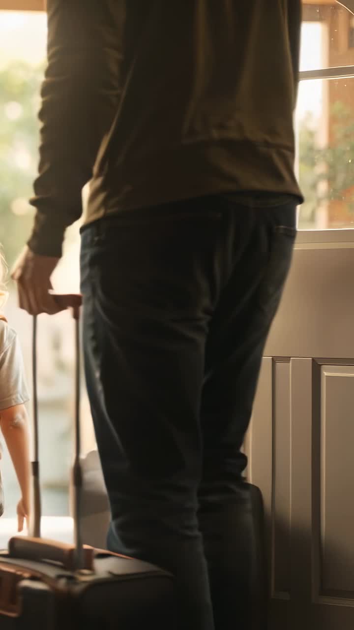Vertical video: Opening door dad leaving home with case girl leaving backpack and roller, copy spa