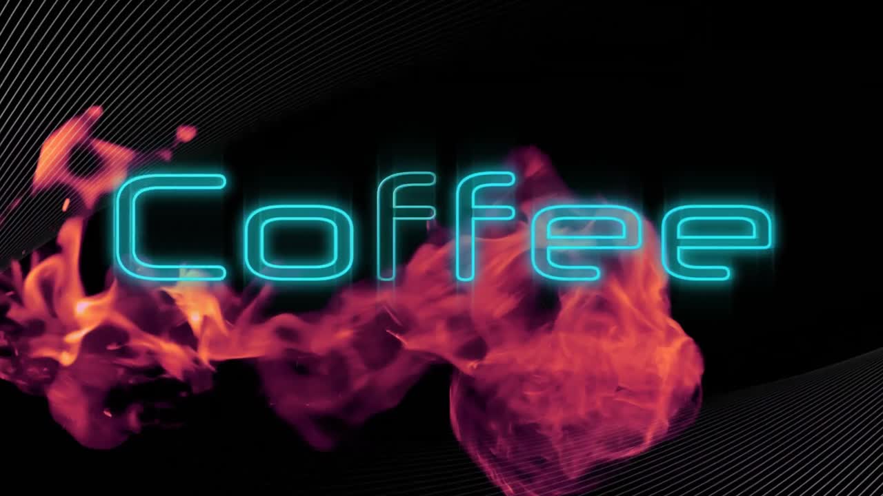 Animação de texto 'coffee' em néon azul com curvas de linhas paralelas brancas e fogo sobre fundo preto