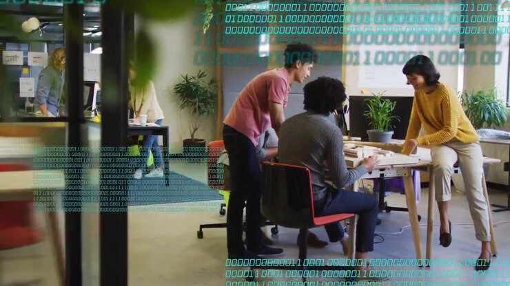 Binary overlay sweeping across partition spurring team leaning, rearranging model, reviewing design