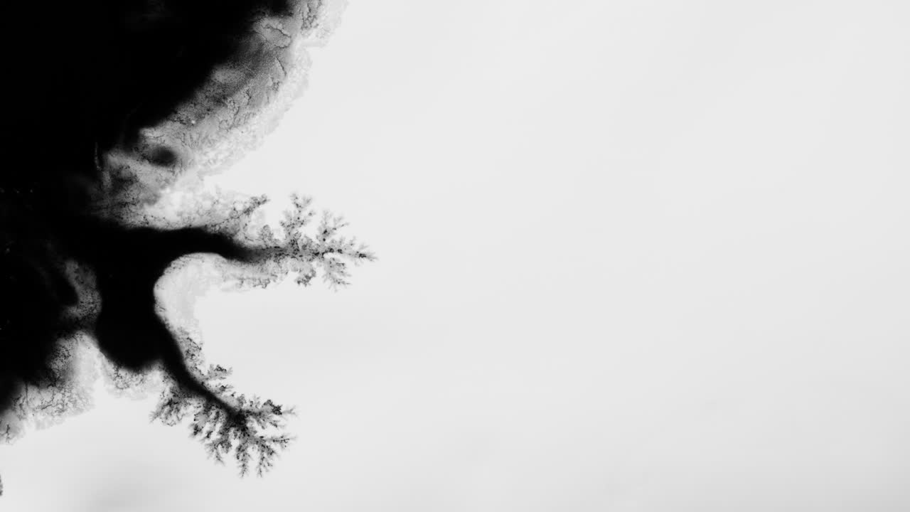 Black Ink In Motion Forming Abstract Shapes Over White Surface. Abstract