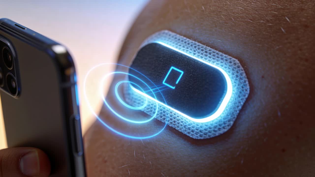 Persona che tiene il telefono vicino a un cerotto cutaneo sul braccio destro, avviando l'associazione wireless e osservando anelli blu.