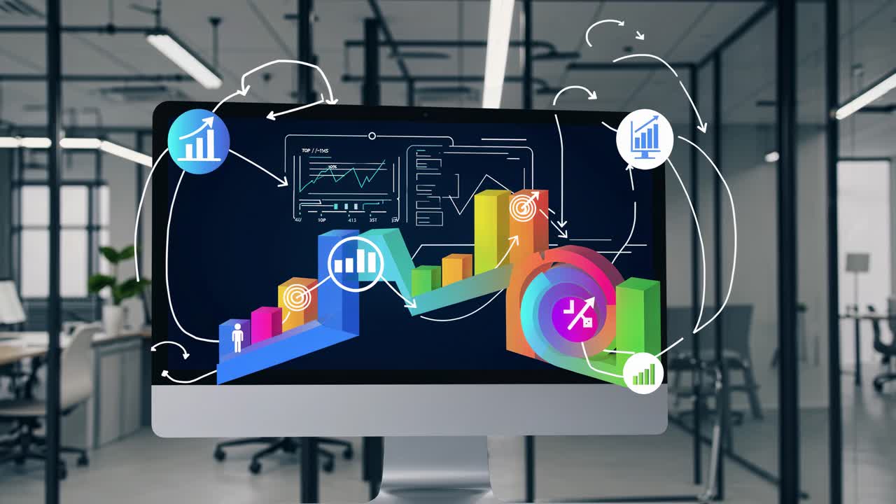 Concepto de vídeo dinámico de analíticas digitales en la pantalla de un ordenador. Toma lateral en una oficina moderna.