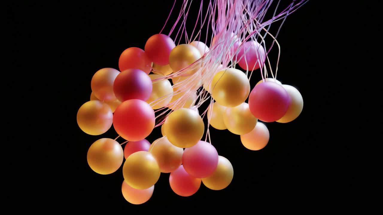 A Stunning Visual Representation of Colorful Spheres Suspended in Space, Intertwined with Delicate Threads of Light, Creating a Mesmerizing Display of Movement and Energy Against a Dark Background