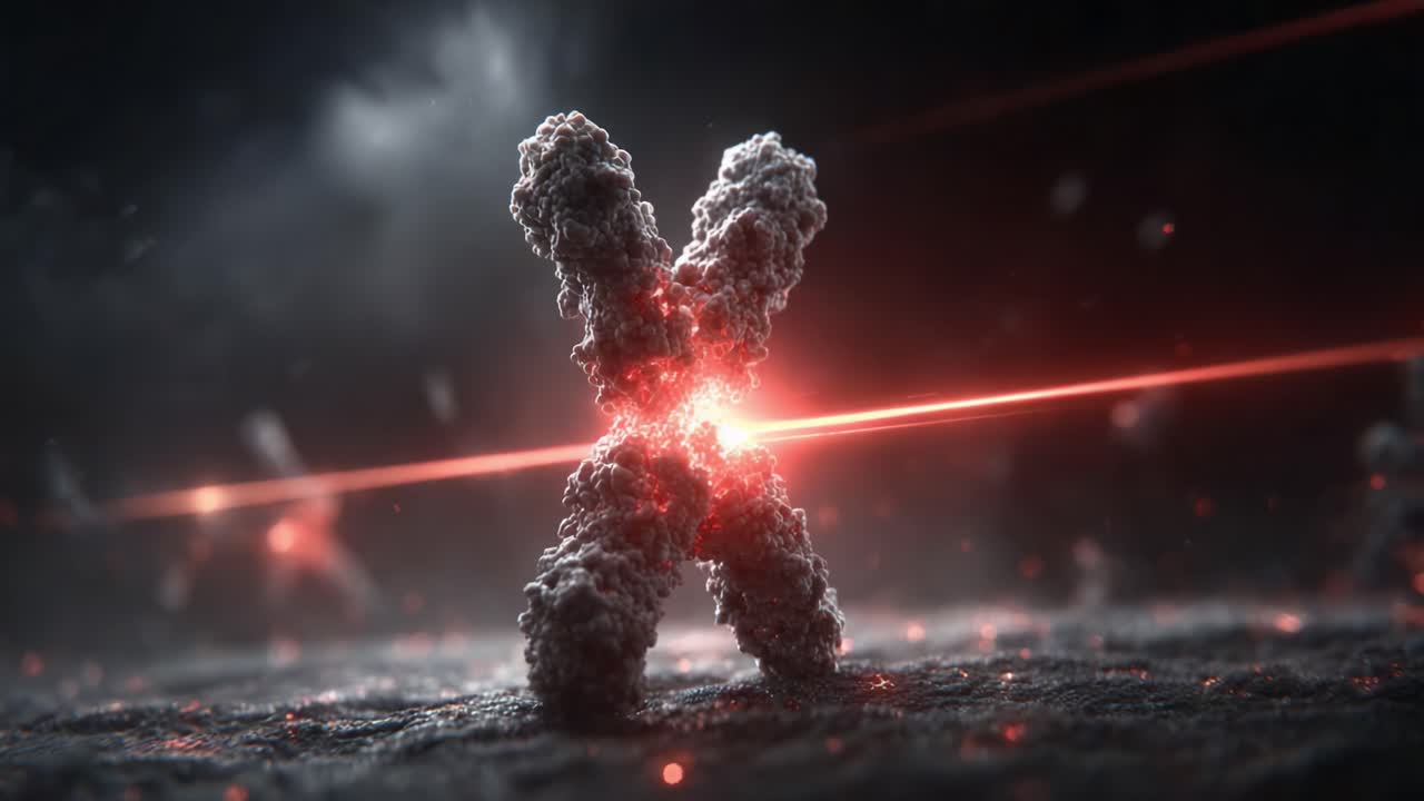 Dynamic Visualization of Chromosomal Structure with Pulsating Energy Beams: A Stunning Representation of Genetic Material Illuminated by Red Light Effects