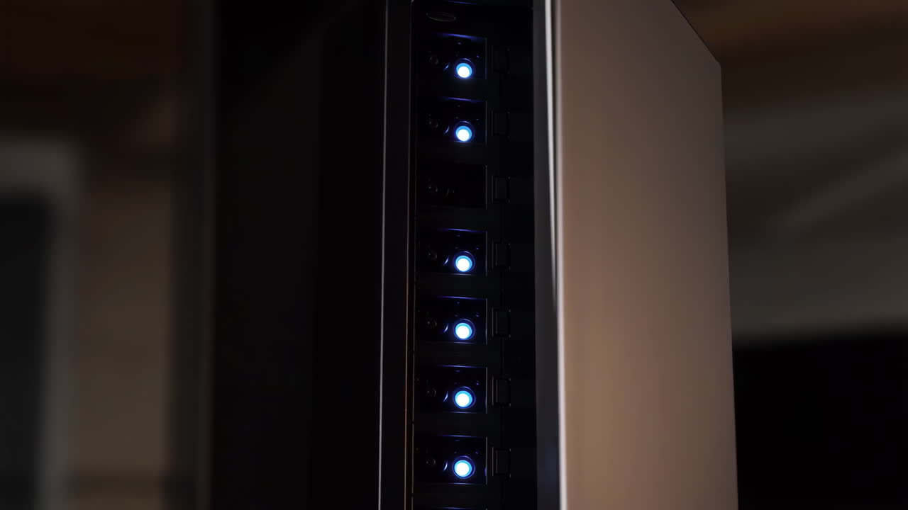 Close-up of a Server Rack with LED Lights