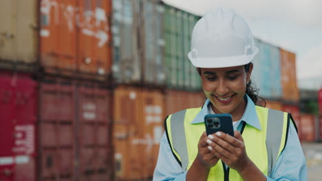 woman engineer celebrating success at container port