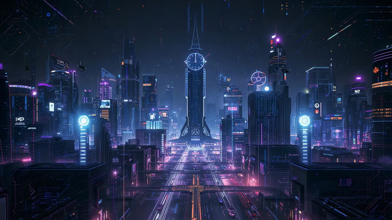 Orologio al neon a guglia pulsante che emette segnali, guidando scie luminose e droni per il transito in una città al neon