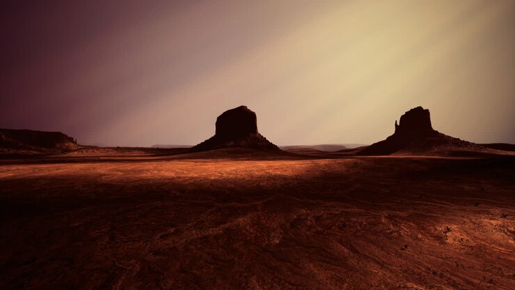 Dramatic landscape features towering rock formations under a vibrant sky