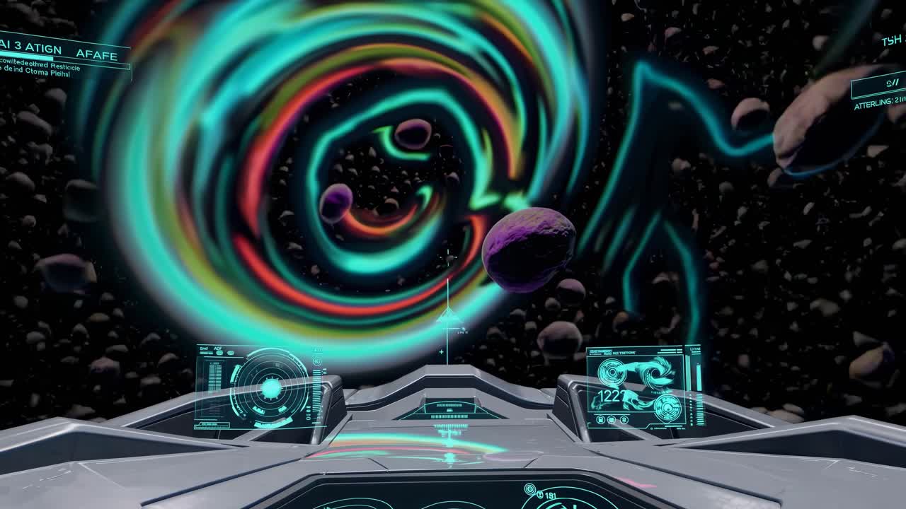 Spaceship Cockpit View of Wormhole and Planets in Space