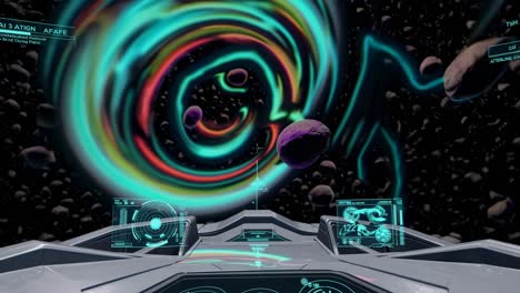 spaceship cockpit view of wormhole and planets in space