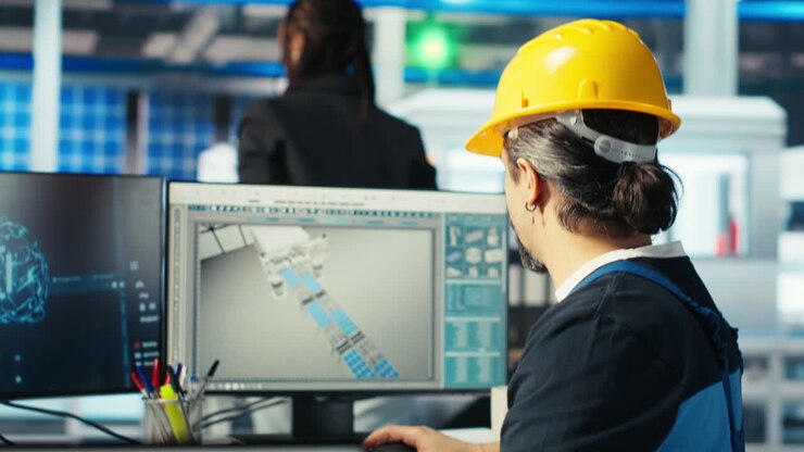 Photovoltaics factory engineer using AI tech to inspect solar plant machinery